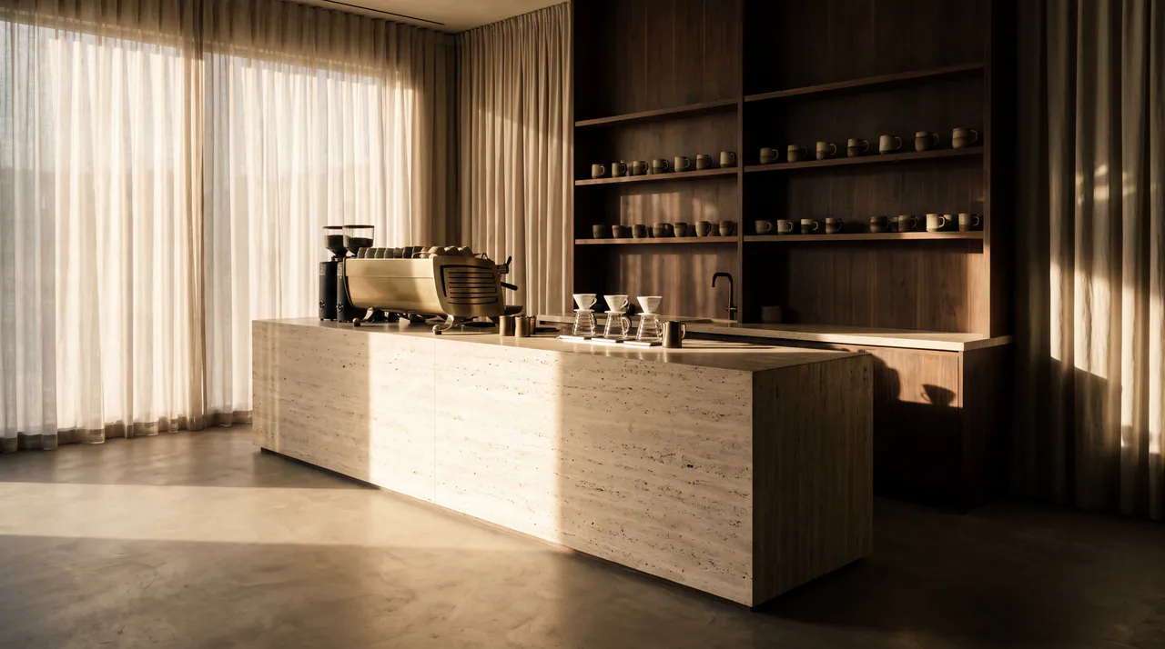 Interiorul cafenelei: insulă de travertin, espressor de alamă, perdele străbătute de soare.
