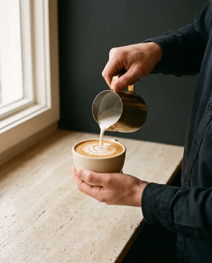 Lapte texturat turnat în ceașcă, desenând latte art.