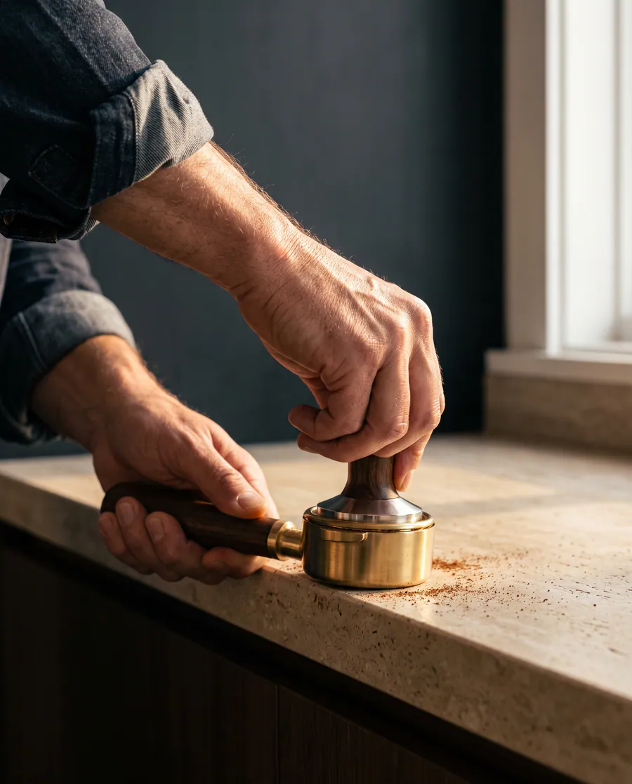 Mâini presând cafeaua măcinată în portafiltru cu un tamper de alamă.