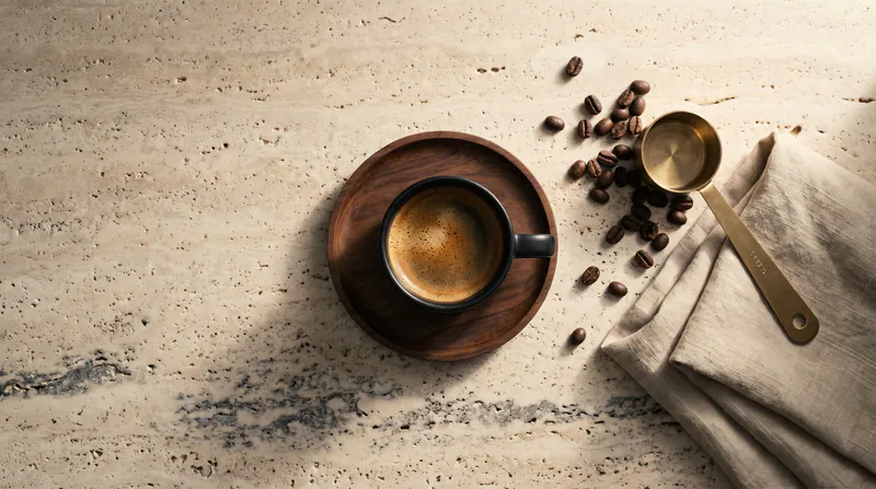 Ceașcă de espresso văzută de sus pe blat de travertin, boabe și o lingură de alamă.