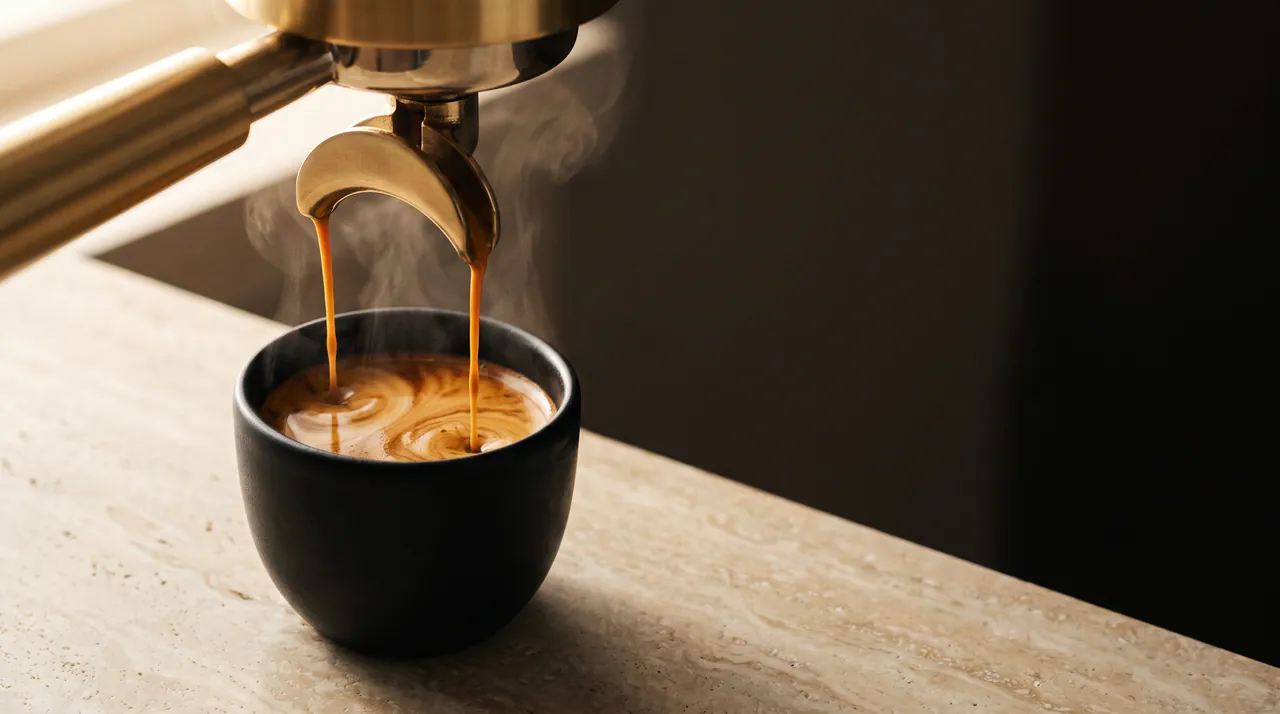 Espresso extras într-o ceașcă neagră pe blat de travertin, lumină caldă de dimineață.