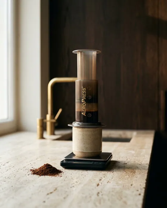 AeroPress așezat peste o ceașcă, în timpul presării.