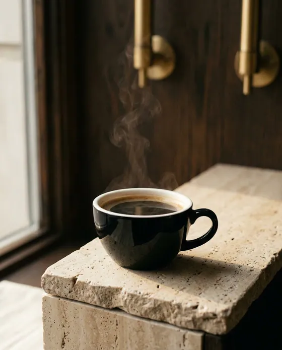 Americano în ceașcă neagră, cu inel subțire de cremă.