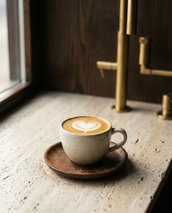 Cappuccino cu spumă densă și latte art în inimă.