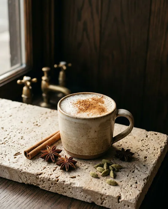 Chai latte cu scorțișoară și cardamom.