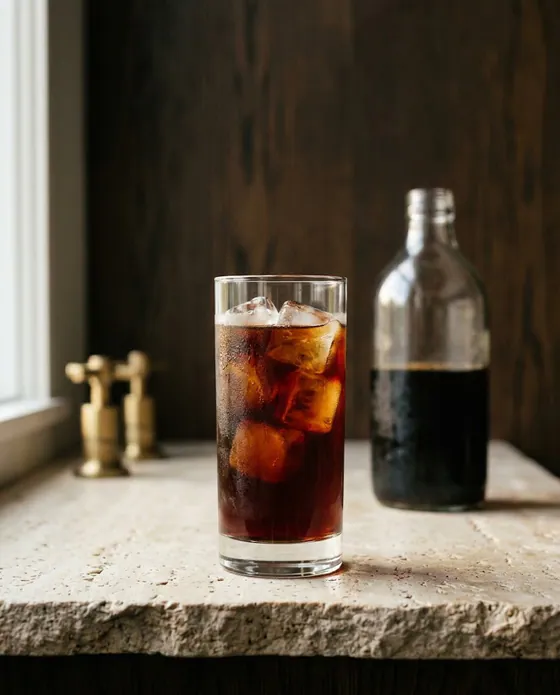 Cold brew servit peste gheață, în pahar înalt.