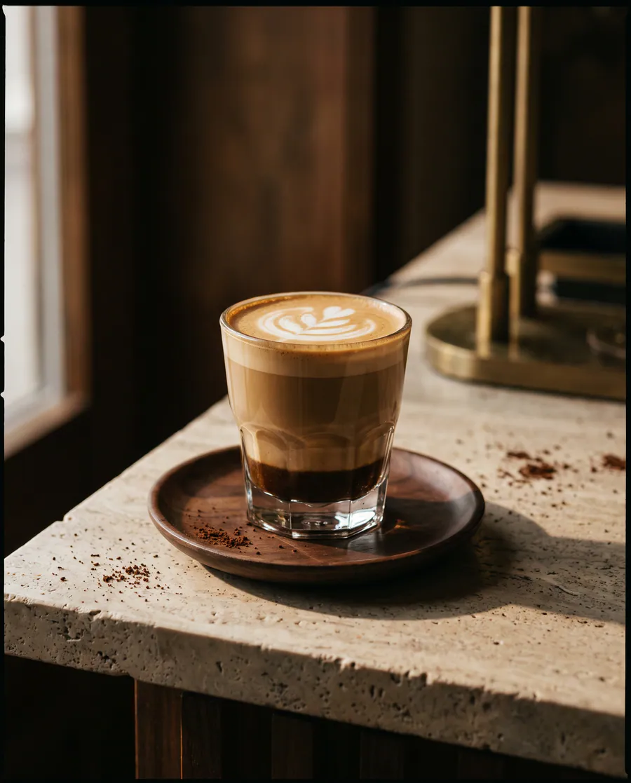 Cortado servit într-un pahar mic, lapte texturat peste espresso dublu.