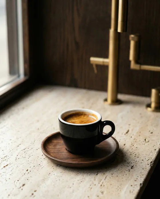 Espresso doppio în ceașcă mică, cu cremă densă.