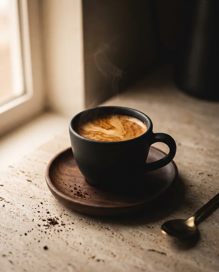 Espresso Meridian într-o ceașcă neagră, pe farfurie de nuc.