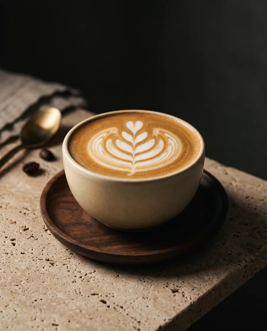 Flat white cu microfoam sculptat într-o ceașcă de ceramică.