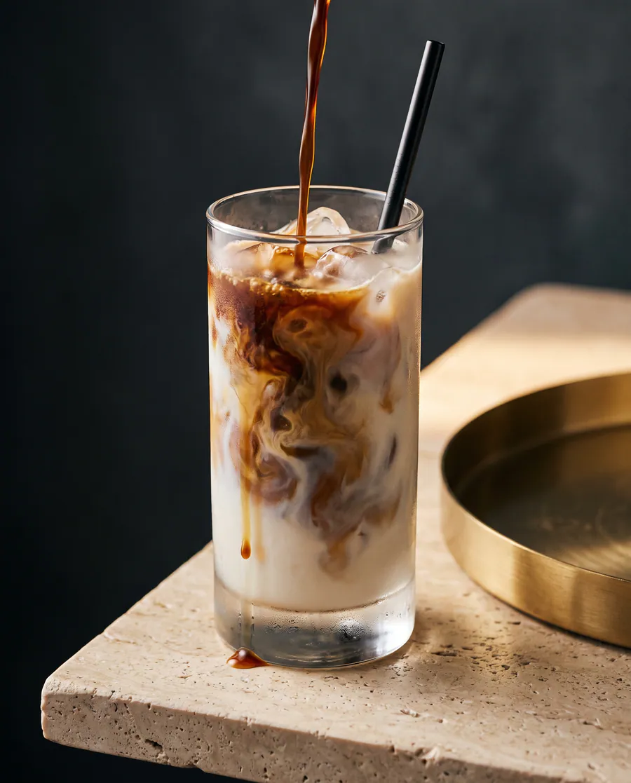 Iced latte într-un pahar înalt cu gheață clară și lapte integral.