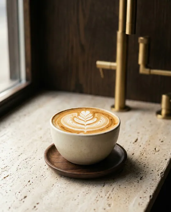 Latte în ceașcă largă, cu latte art în frunză.