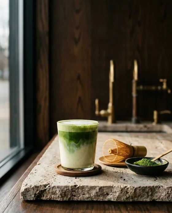 Matcha latte, verde intens peste lapte texturat.