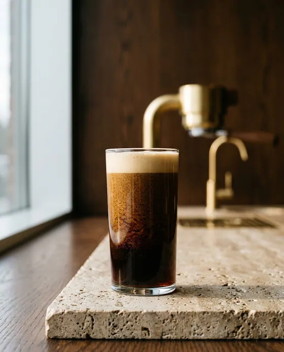 Nitro cold brew cu cascadă de bule și spumă cremoasă.