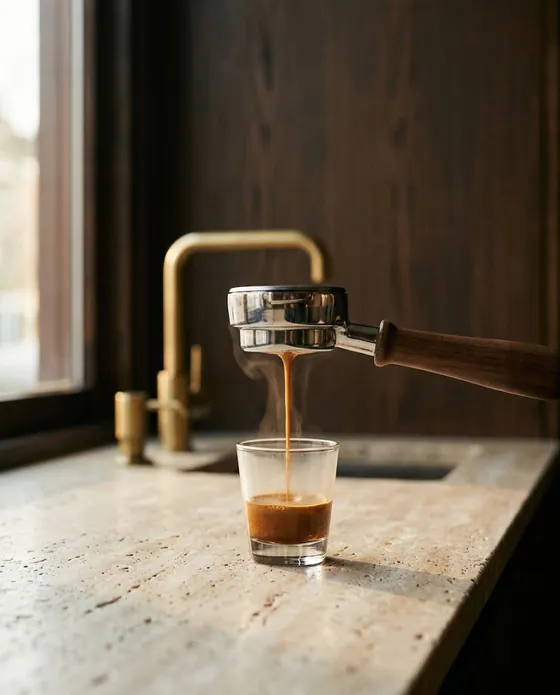Shot de espresso curgând din portafiltru într-un pahar mic.