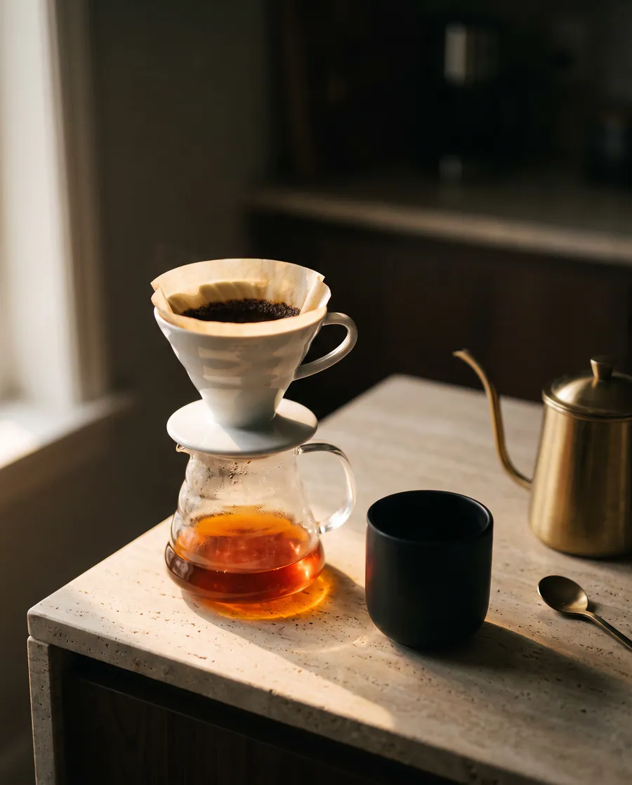 Dripper V60 alb peste carafă de sticlă, lângă un ibric de alamă.