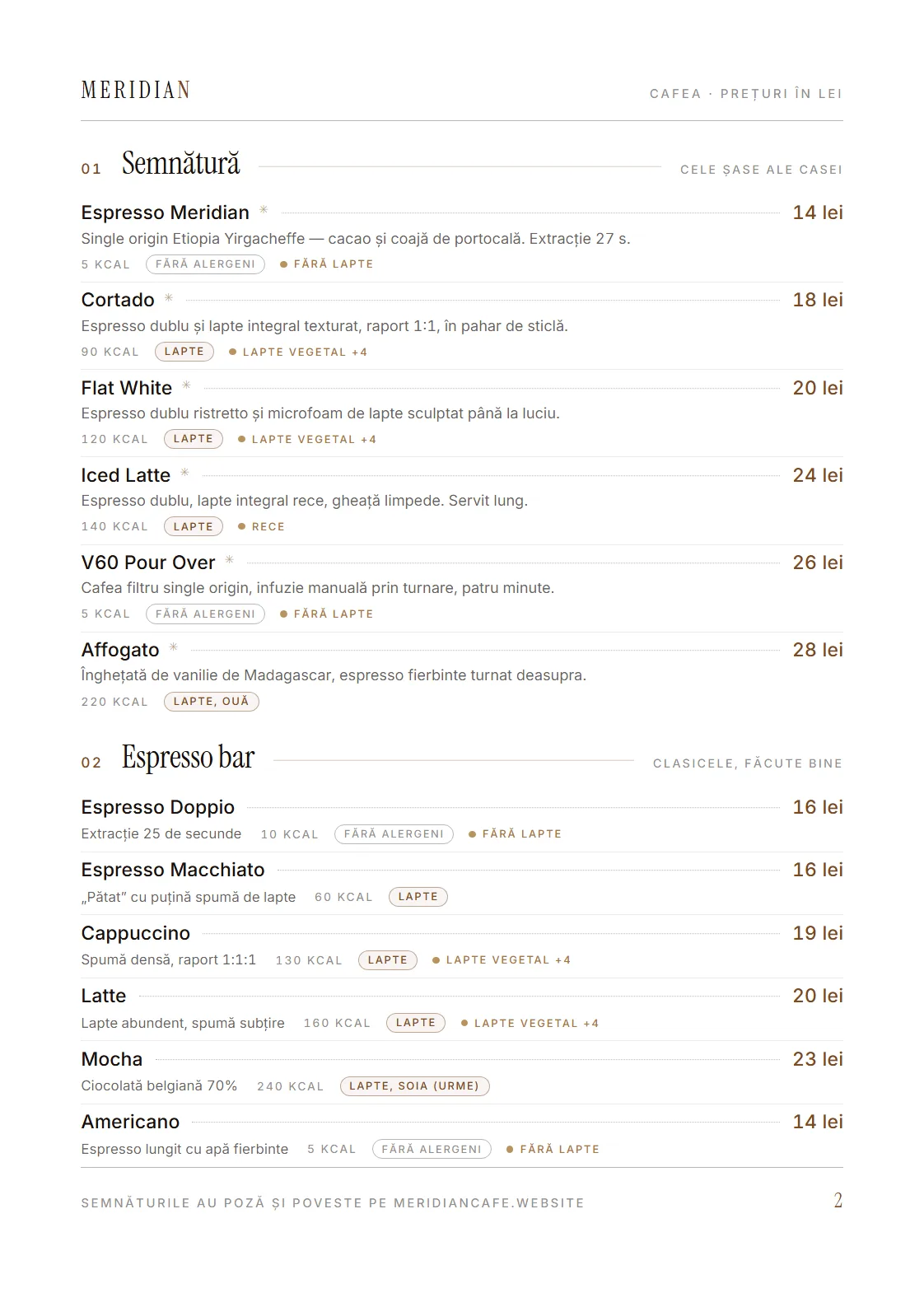 Pagina 2: semnăturile casei și espresso bar, cu prețuri, calorii și alergeni.