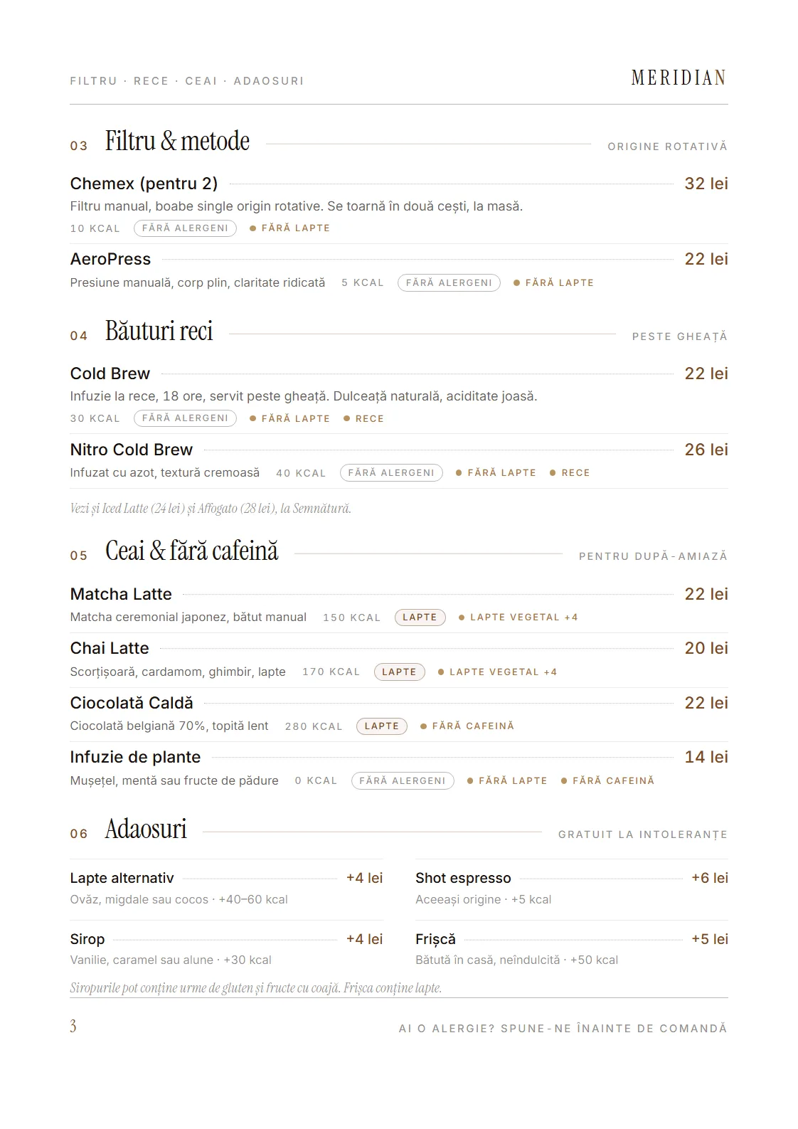 Pagina 3: filtru și metode, băuturi reci, ceai fără cafeină și adaosuri.