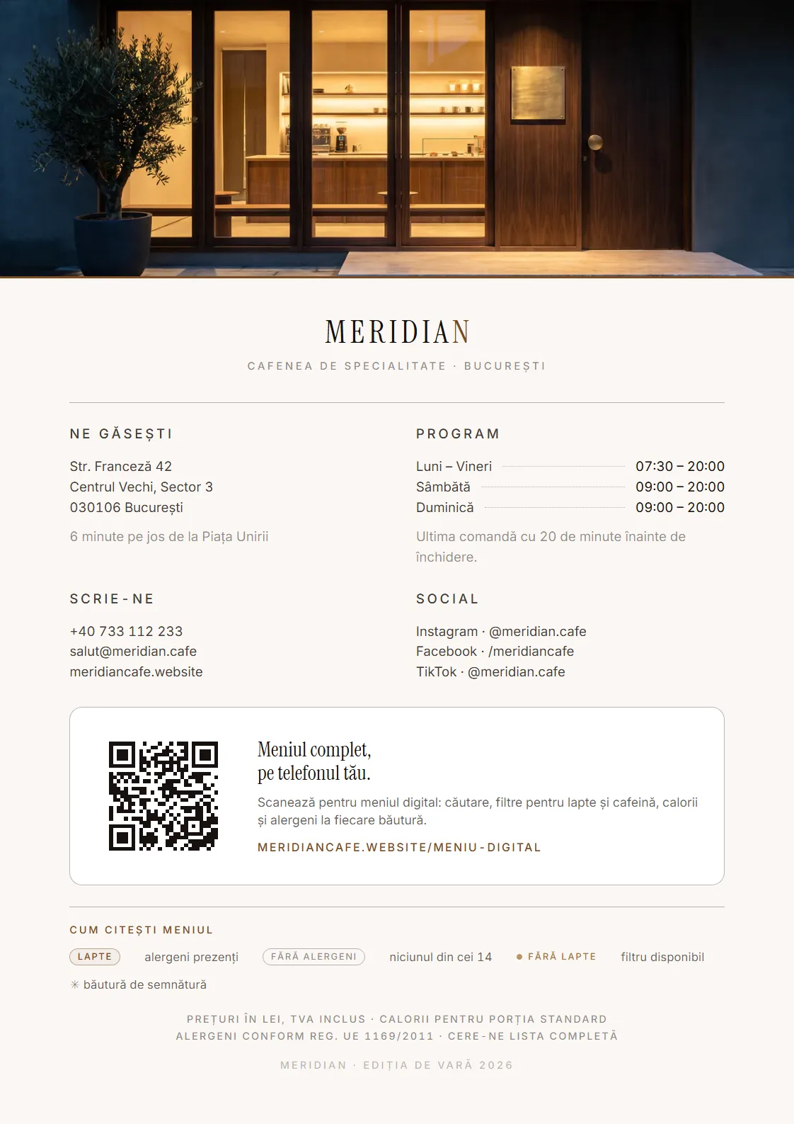 Pagina 4, versoul: adresă, program, contact, codul QR către meniul digital și legenda alergenilor.